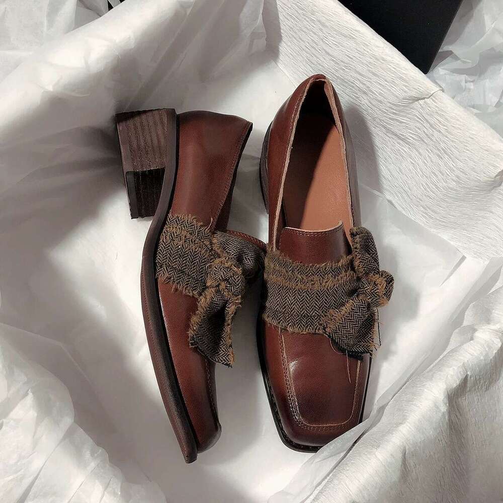 Genuine Artistic Style Square Toe Chunky Heel Loafers for Women 2025 Spring New Bowknot Small Leather Single Shoes