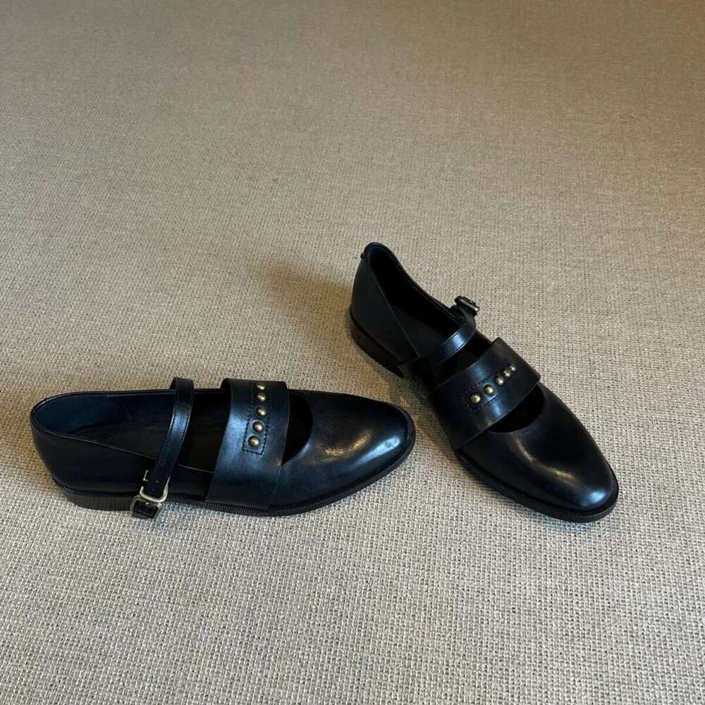 Genuine Leather British Style Studded Hollow Loafers Women 2025 Spring Chunky Heel Mary Jane Shoes