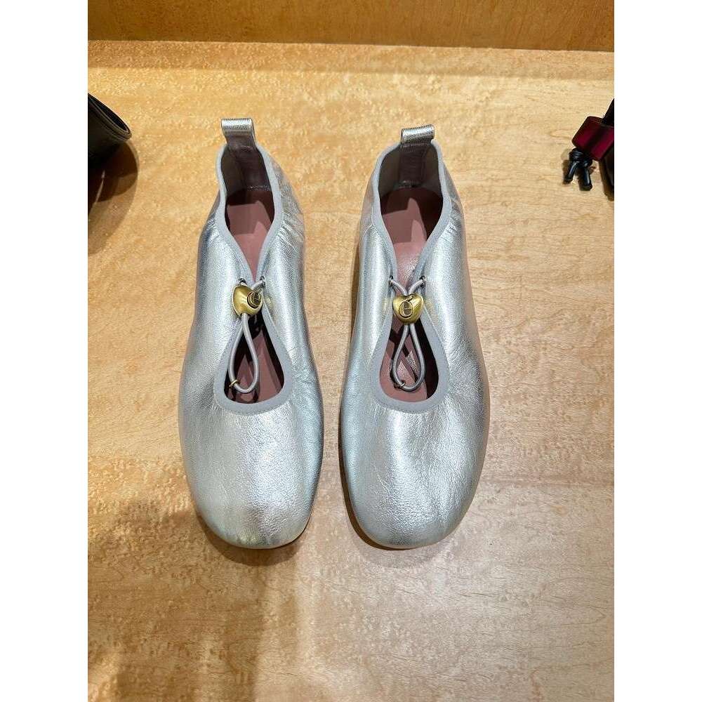 Korean Style Genuine Leather Niche Silver Flat Ballet Drawstring Round Toe Mary Jane Single Shoes Women Spring Autumn New Loafers