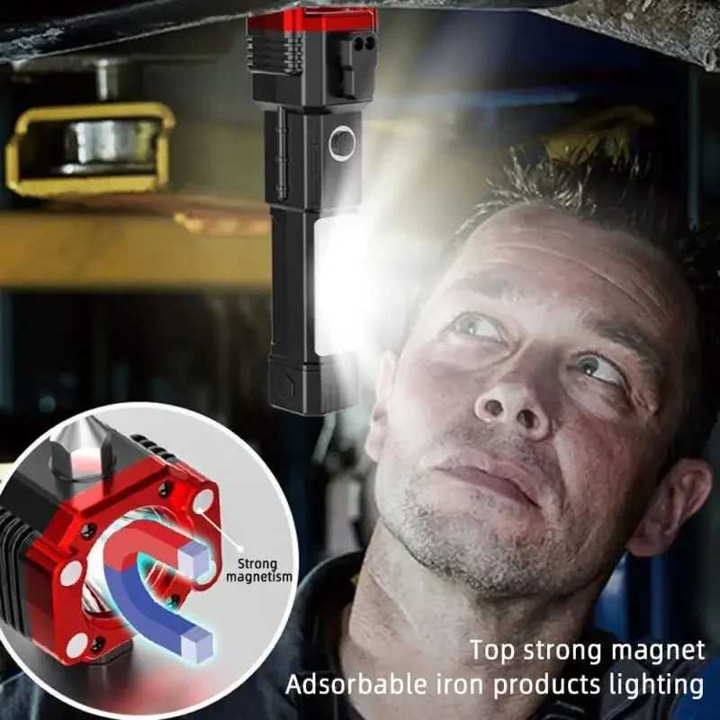 LED Flashlights Tactical Torch Rechargeable Portable Spotlight Long-Range Camping Flashlight With Safety Hammer COB SidelightXJ250529