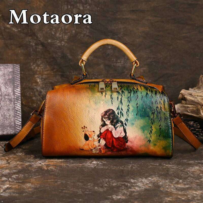 MOTAORA New Retro Leather Women's Shoulder Bag 2025 Trend Ladies Handdrawn Designer Handbag Women Bags Handbags