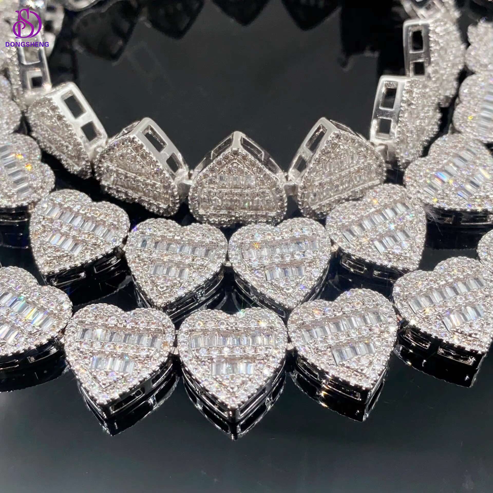 New Trendy 925 Sterling Silver Heart Shape Moissanite Link Chain for Women Fashion Hip Hop Iced Out Cuban Link Bracelet