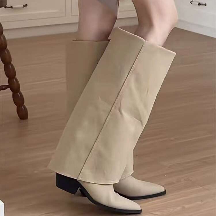 Genuine Leather Pointed Toe Chunky Heel for Women 2024 New Autumn Winter Riding Western Cowboy High Tube Long Boots
