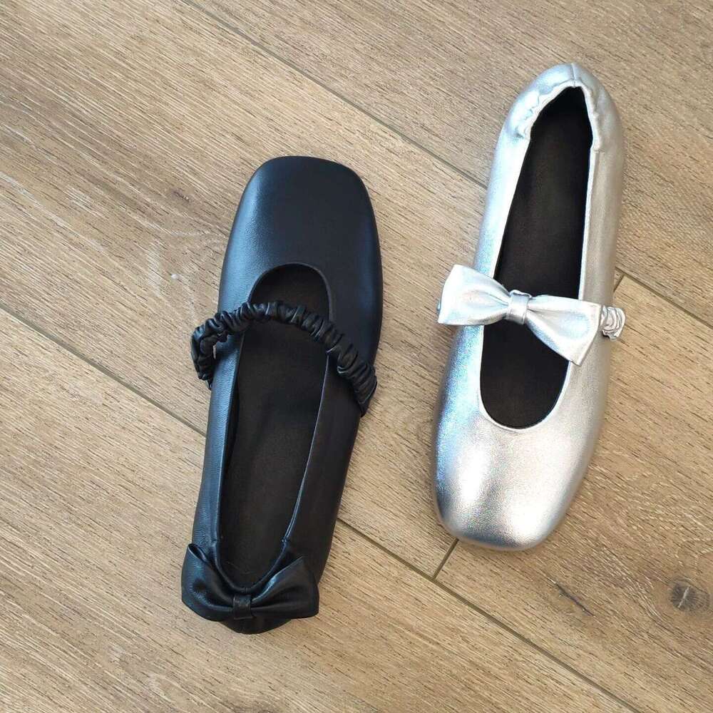 Genuine Leather Korean Style Bowknot Square Toe Mary Jane for Women 2025 Spring Ballet Flat Shoes