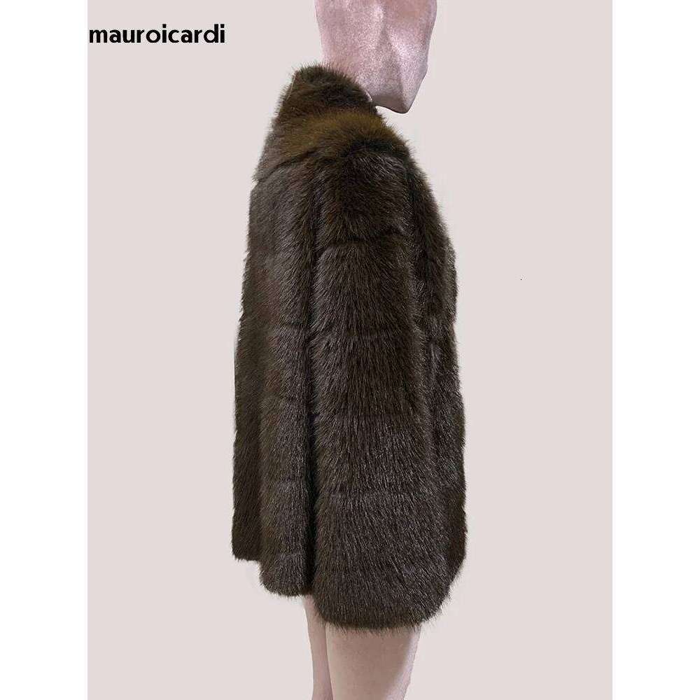 Mauroicardi Autumn Winter Thick Warm Soft Hairy Shaggy Striped Faux Sable Fur Coat Women with Deep V Neck Elegant Fluffy Jacket