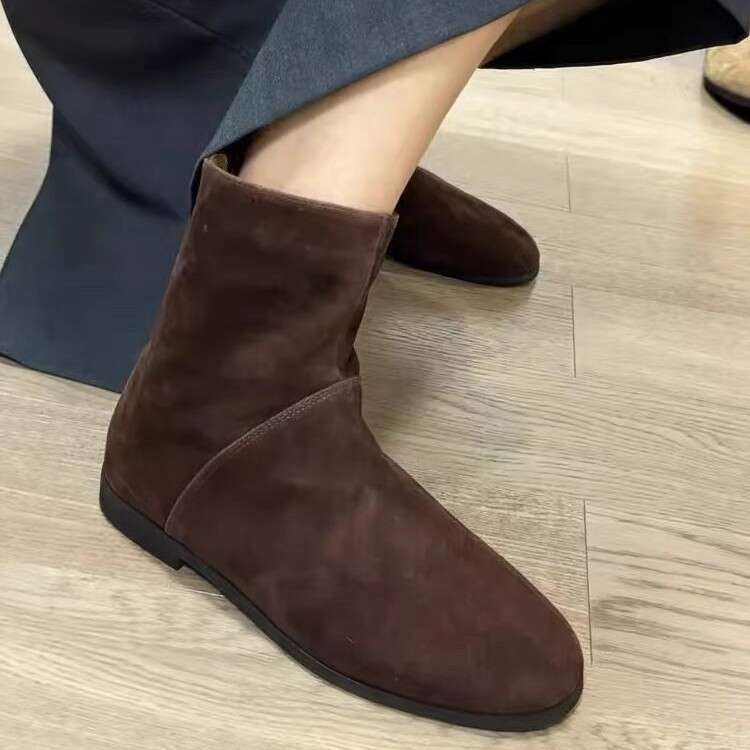 Korean Style Melard Suede Flat Western Cowboy Short for Women Autumn Winter Versatile Back Zipper Slim Boots