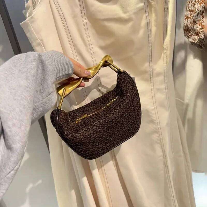 Women's Bags Designer Metallic Handle Handbag Half Moon Woven Beach For Women Summer Travel Straw Shoulder Crossbody Bags Designer Bag NEW