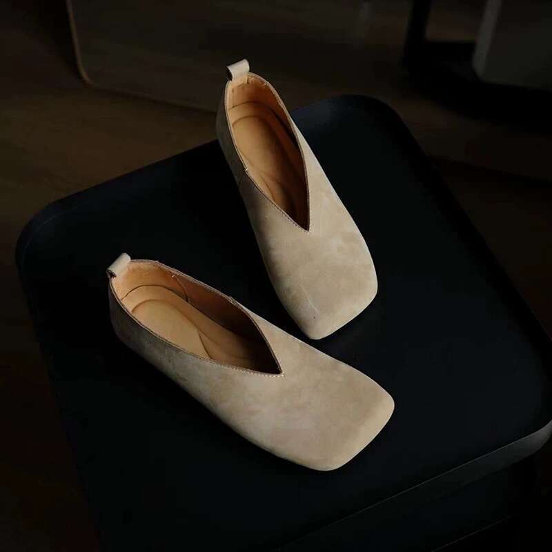 Genuine Leather Niche V-Cut Square Toe Flat Ballet for Women 2025 New Spring Fashion Vintage Single Shoes
