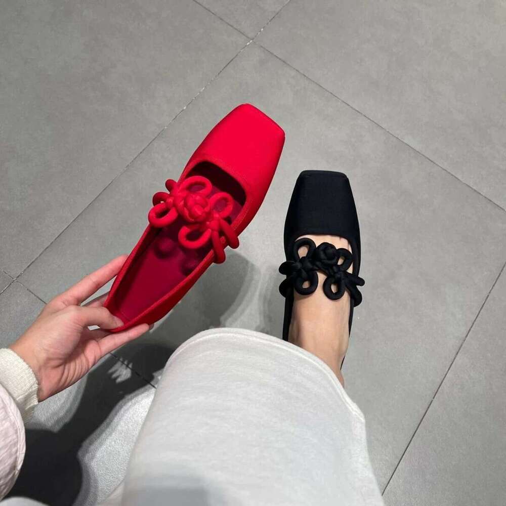 Genuine Leather Satin Flat Shallow Mouth Square Toe Single for Women 2025 Spring Chinese Knot Red Mary Jane Ballet Shoes