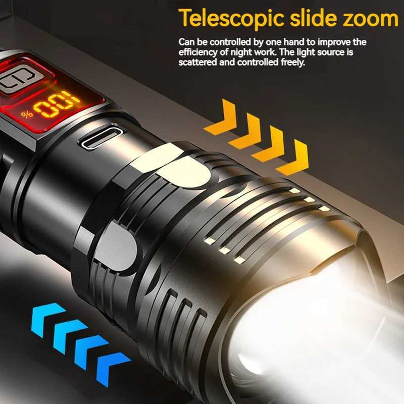 New Strong Light Digital Display Flashlight with Telescopic Focus Rechargeable Portable Long Range Outdoor Work Light LED Flashlight XJ250529