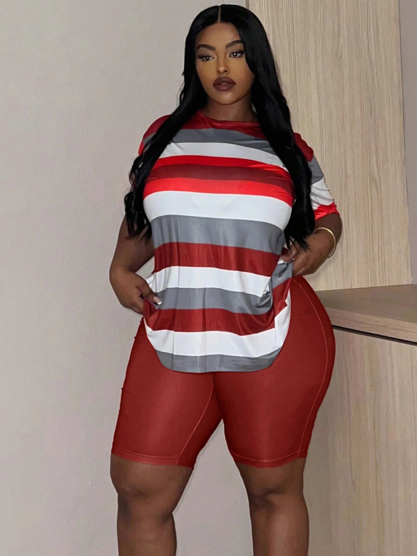 LW Plus Size shorts sets summer Striped short sleeve Tshirt skinny Shorts Set casual womens Two pieces sport suit 250517