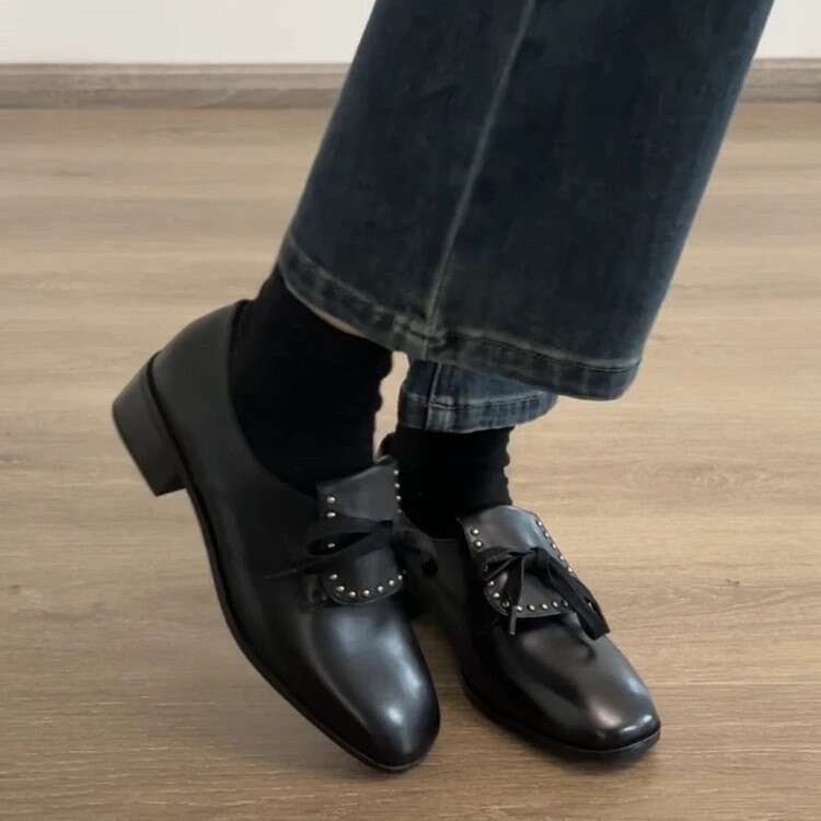 British Style Genuine Round Toe Bowknot Loafers for Women 2025 Spring New Thick Heel Small Leather Single Shoes
