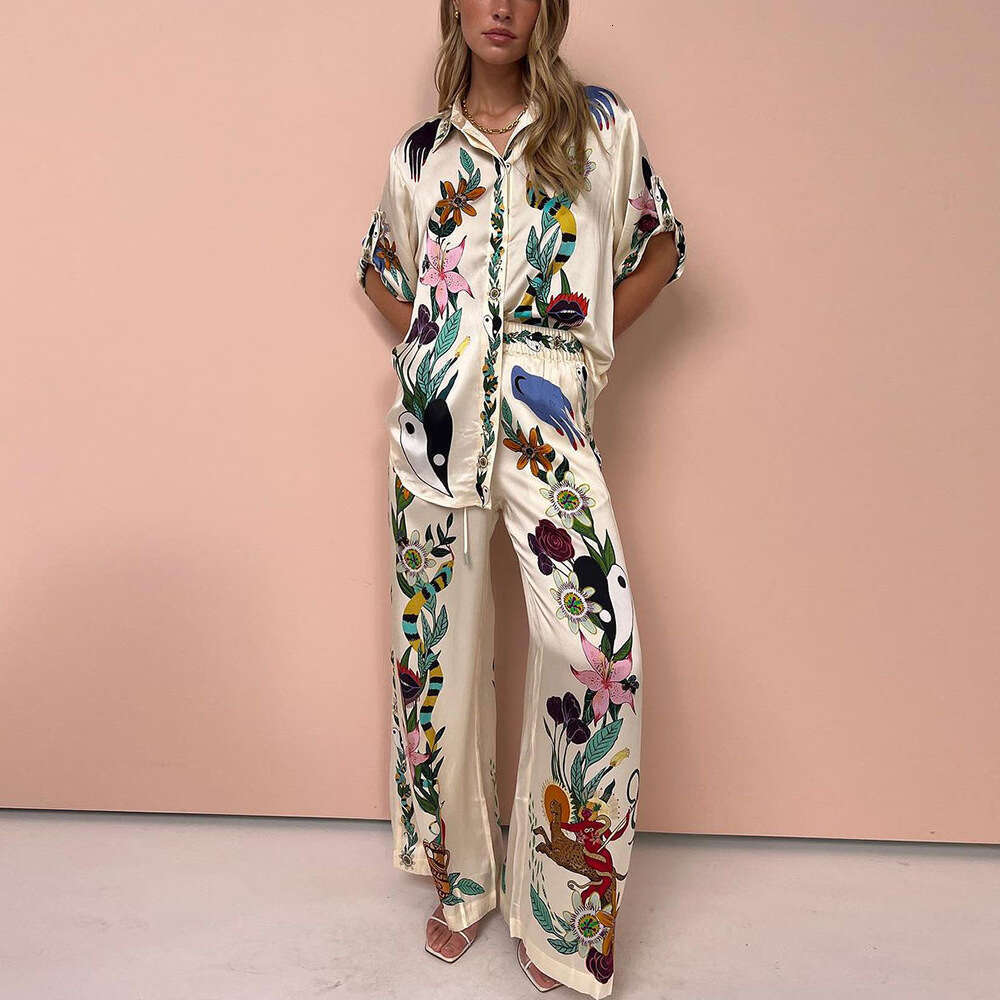 Autumn Women's Clothing Shirt Pants Loose Print Casual Two-Piece Set B5