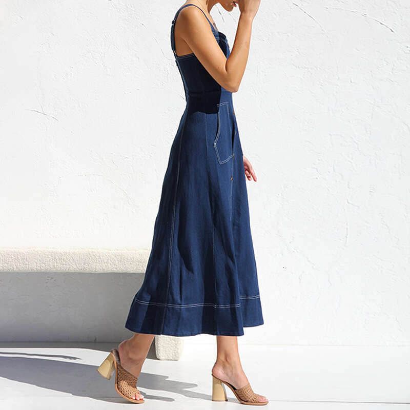 Autumn Winter Vintage Style Button Denim Long Dress With Straps B5