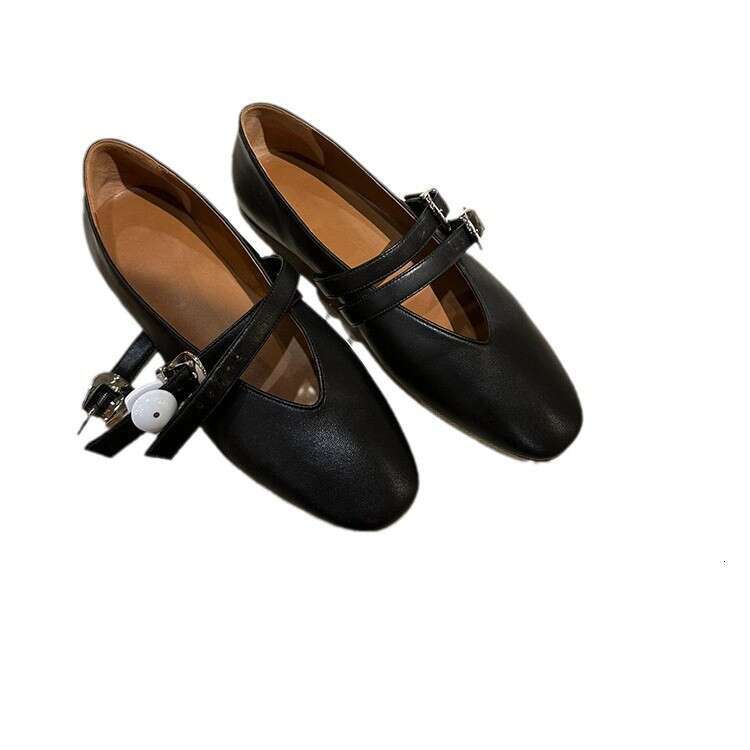 Genuine Leather French Niche Double Metal Buckle V-Neck Flat Mary Jane Shoes Women Spring Autumn New Loafers