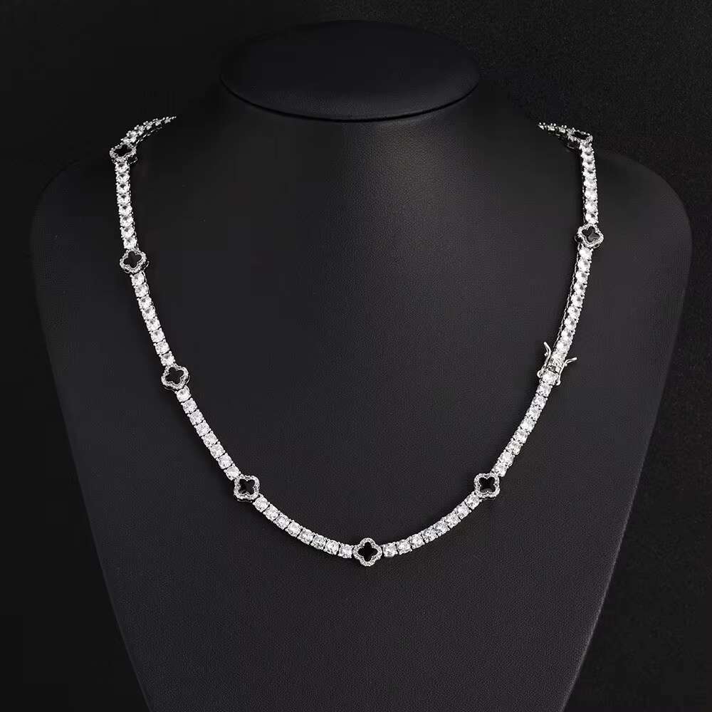NUOAY Hip Hop Jewelry 4mm Iced Out Moissanite Tennis Chain Black Four Leaf Clover Tennis Chain Necklace Gift for Men Women