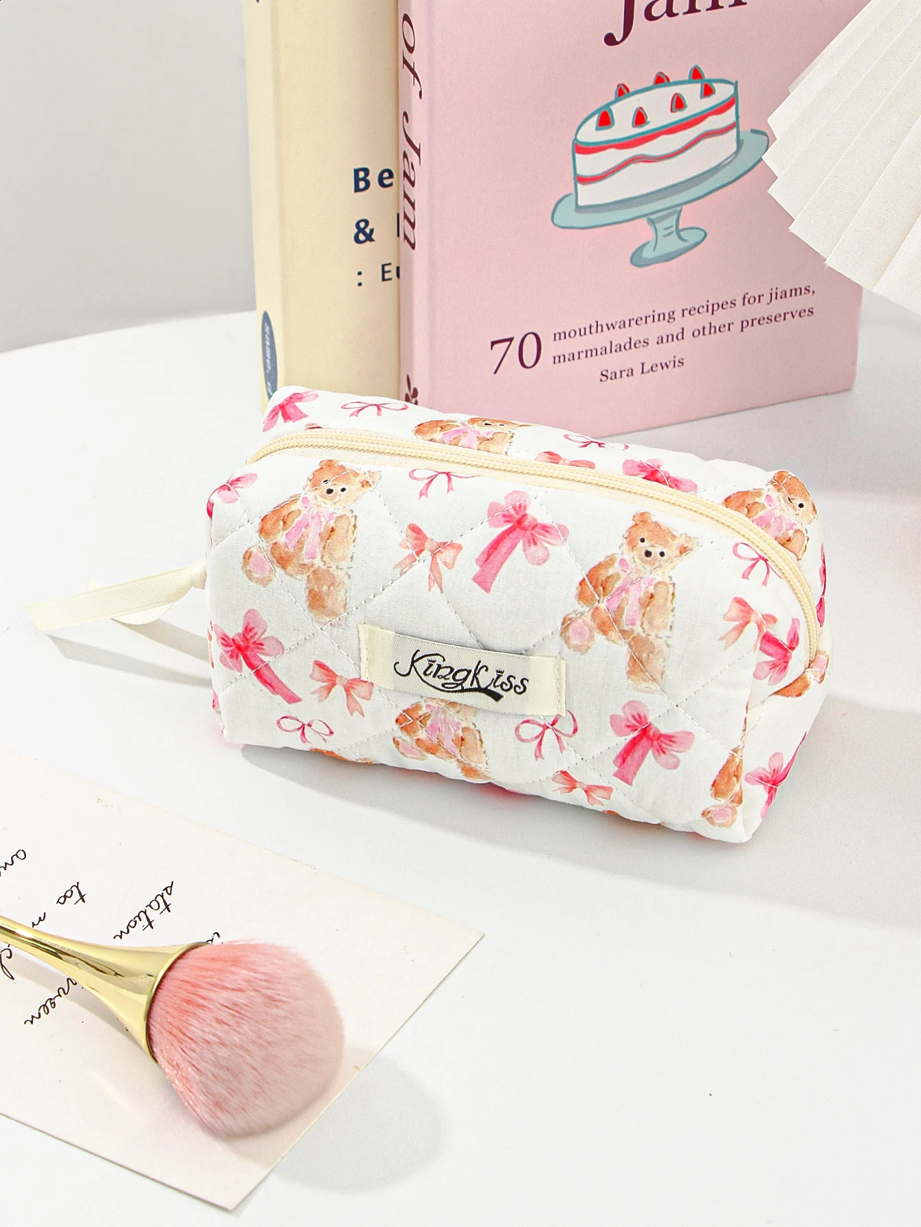Cute Small Bear Pattern Makeup Bag Set Quilted Cosmetic Aesthetic Travel Toiletry Bags 250528