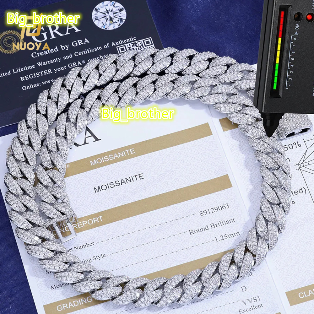 NUOYA 13MM Iced Out Chain Diamond Cuban Link Chain Bracelet Men Hip Hop Shiny Vvs Moissanite 925 Silver Cuban Necklace