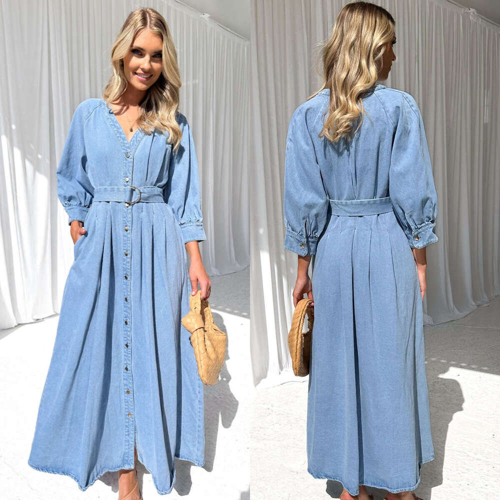 Autumn Winter New V-Neck Tie Waist Casual Button Denim Long Dress B5