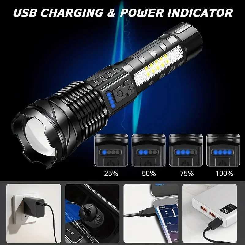 XPHP50 LED Tactical Powerful Flashlight Zoomable Waterproof COB Side Light Camping Torch 7 Modes USB Rechargeable Flash Lights XJ250529