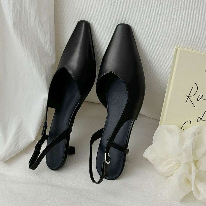 Genuine Leather French Style Square Toe Stiletto Mules for Women 2025 New Spring Summer Elegant Low Heel Back Strap Sandals