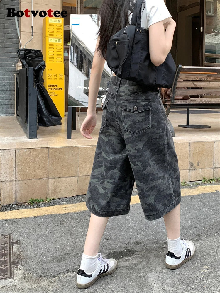 Botvotee Camo Calf Length Jeans for Women High Waisted Wide Leg Baggy Denim Camouflage with Pockets Summer Fashion Pants 250516