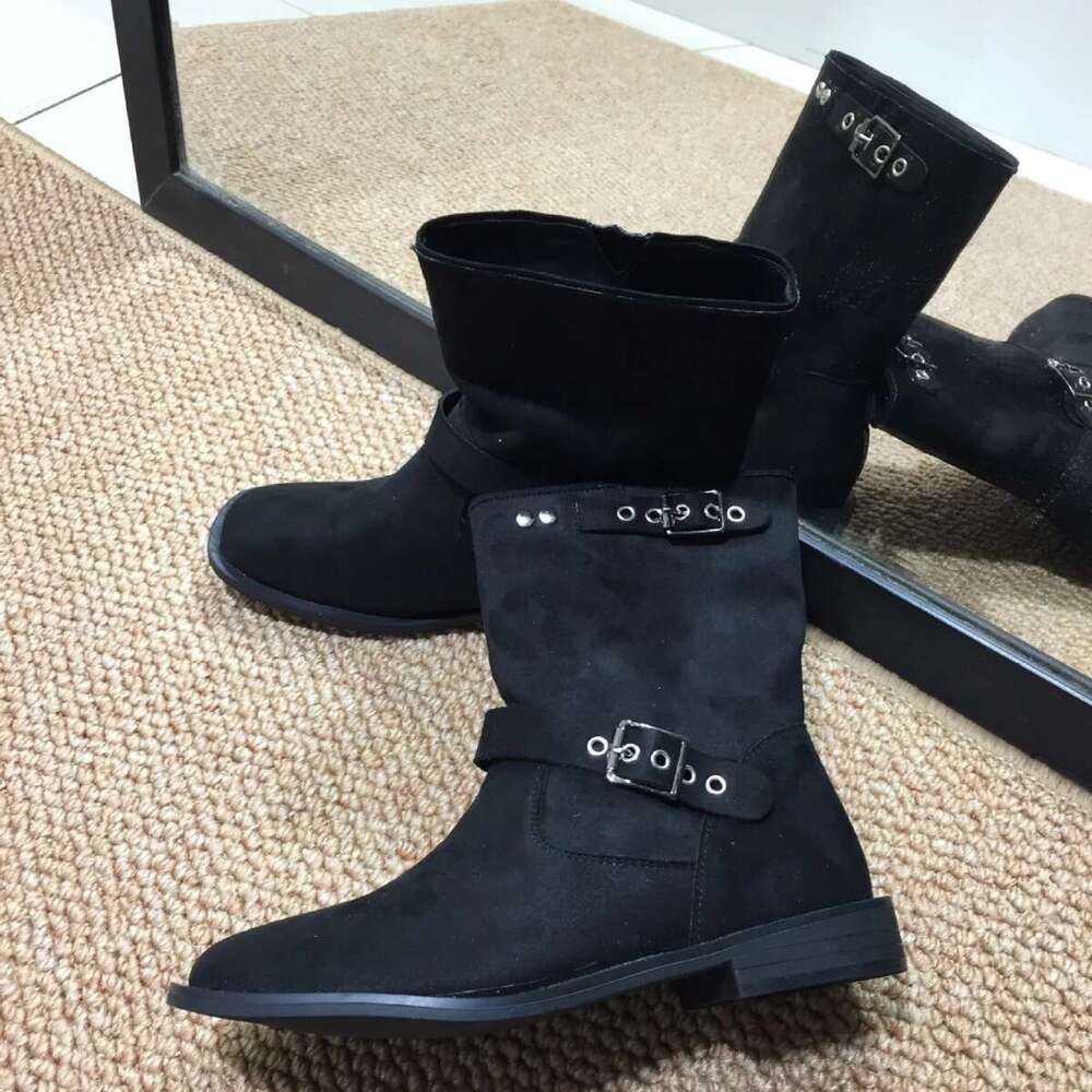 Korean Style Niche Square Toe Suede Western Cowboy for Women 2024 Autumn Winter Belt Metal Buckle Martin Short Boots