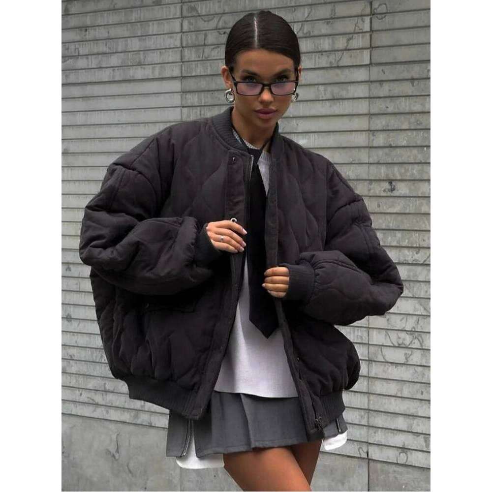 ZBZA Women Quilted Warm Loose Bomber Jacket Stand Collar Solid Vintage Zip Button Pocket Spliced Outerwear Winter Chic Coat