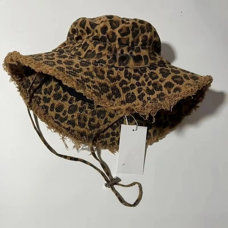 Retro Mens Leopard Print Washed Border Mens Womens Fisherman Hats Seasonal Hanging Rope Outdoor Travel Basin Hats Sun Hats 250523