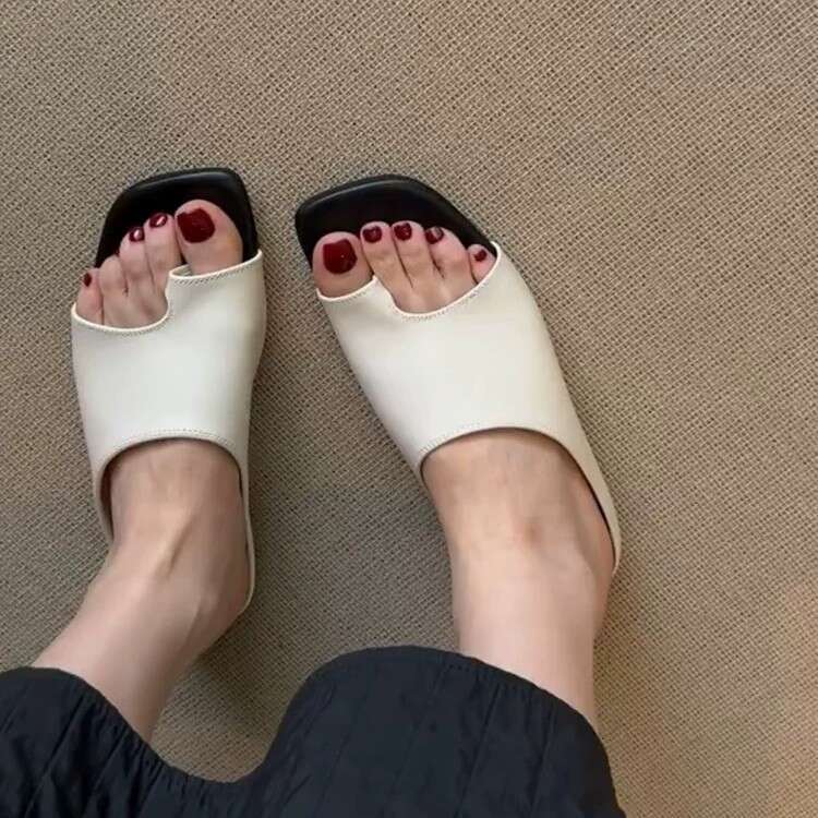 Cowhide Version ~ Korean Casual Square Slip-On for Women Outdoor Wear 2025 Summer Open Toe Flat Sandals