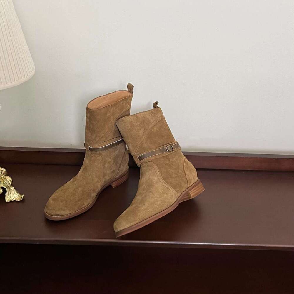 Korean Style Melard Belt Buckle Mid-Calf Short Women 2024 New Thick Heel Round Toe Western Cowboy Martin Boots