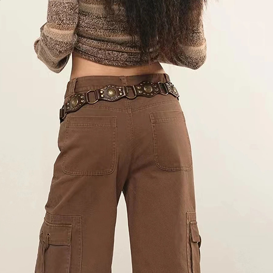 Western cowboy style metal buckle PU leather belt for womens retro rivet decoration needle buckle wide belt 250523