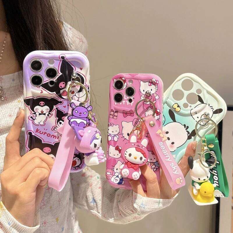 3D Cartoon Kuromi Wavy Phone Case For iPhone 16 15 14 Pro 13 12 11 X Xr Xs Max 7 8 Plus SE Cute Melody With Wrist Strap Cover