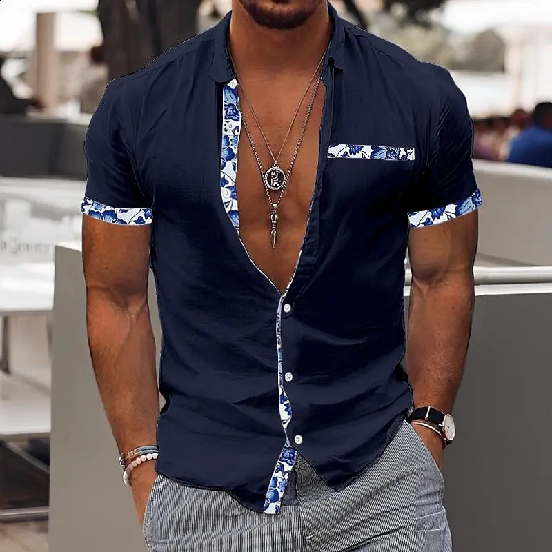 Fashionable Mens Hawaiian Shirt Casual Solid Color Printed Beach Pocket Short Sleeve Large Size 5XL Style Multi 250526