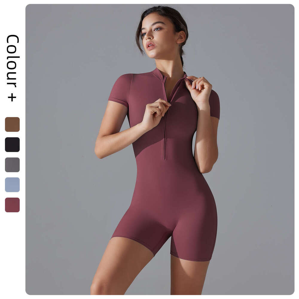 High Quality Sports Yoga Clothing, Half Zip Short Sleeved Jumpsuit, Women's Solid Color, High Elasticity, Tight Fitting Sports Yoga Pants, Summer