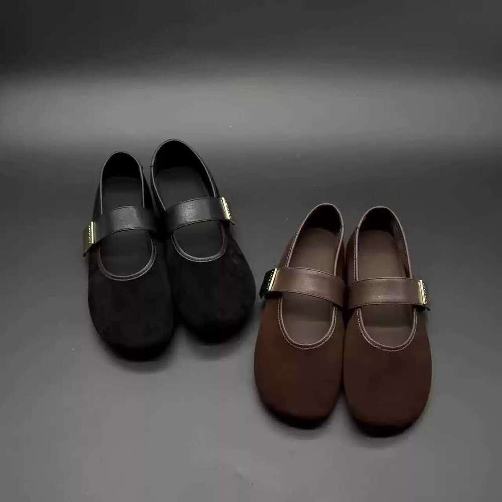 Genuine Leather Suede Round Toe Mary Jane for Women Spring and Autumn Versatile Cute Flat Ballet Shoes