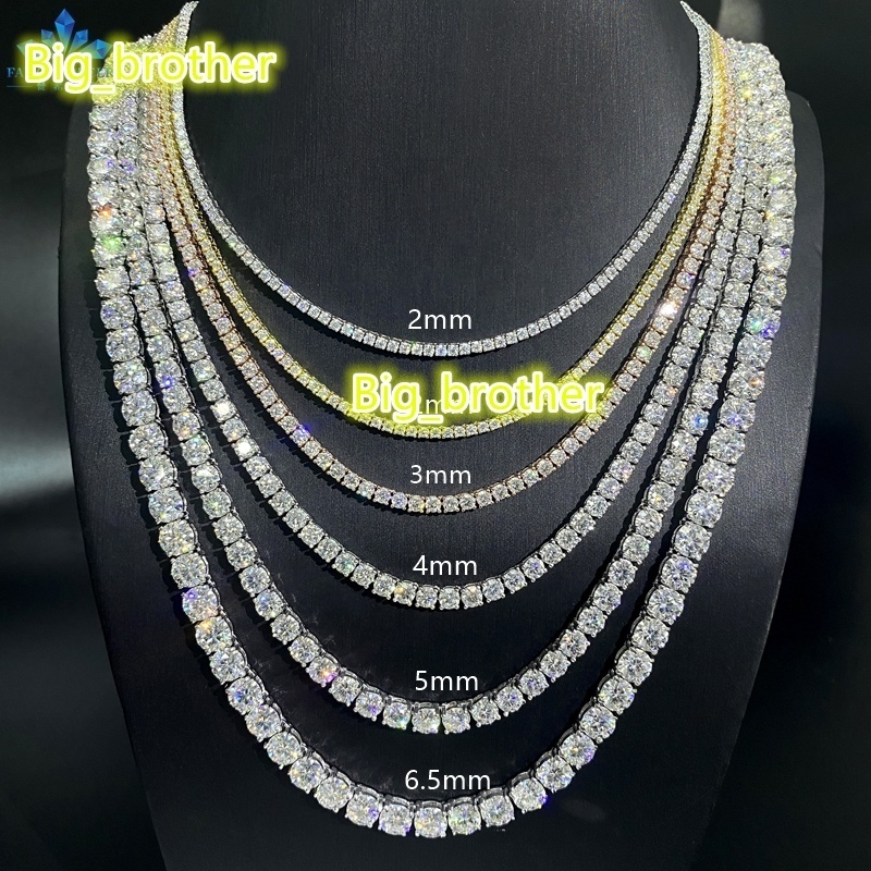 Hip Hop Iced Out D Color White VVS 925 Sterling Silver 2MM 3MM 4MM 5MM 6.5MM Moissanite Diamond Tennis Chain Necklace Women
