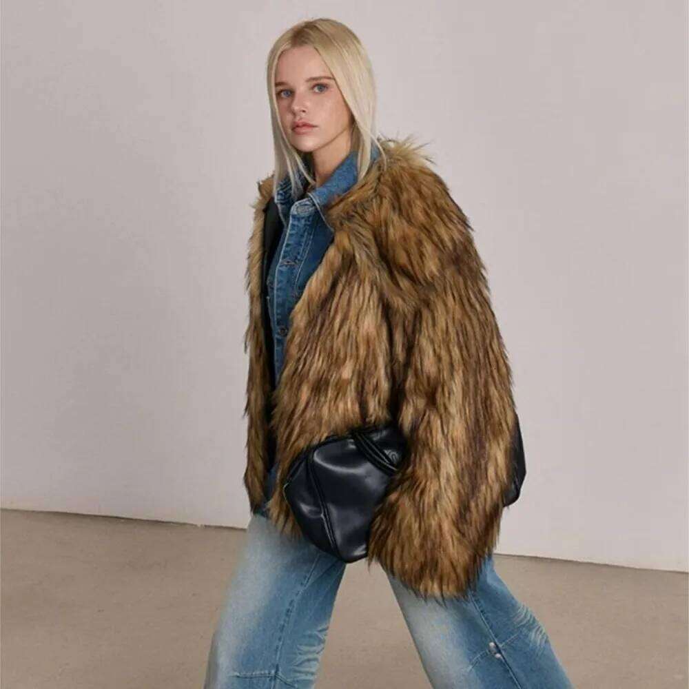 Winter Brown Gradient Long Hairy Shaggy Raccoon Faux Fur Coat Full sleeve Women Big Lapel Furry Loose Outerwear