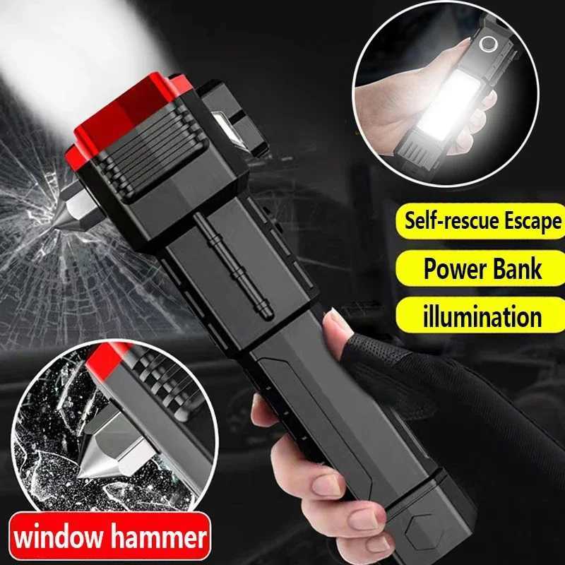Super Bright LED Flashlight with Safety Hammer and Strong Magnets Side Light Torch Light Portable Lantern for Adventure Camping XJ250529