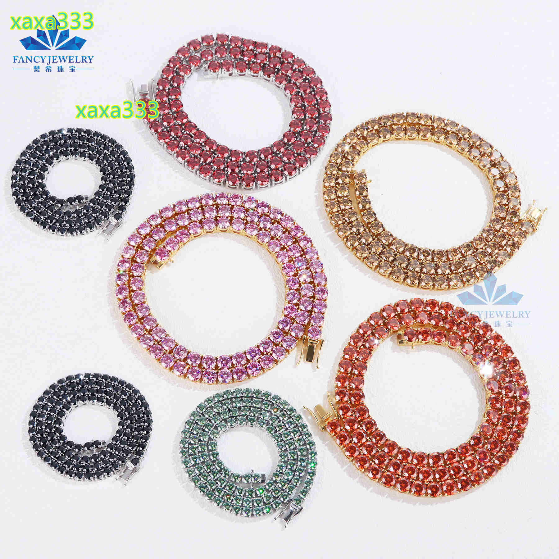 Drop Shipping VVS Diamond Tennis Chain 6.5mm Red Yellow Green Blue Pink Moissanite Tennis Chain 925 Sterling Silver
