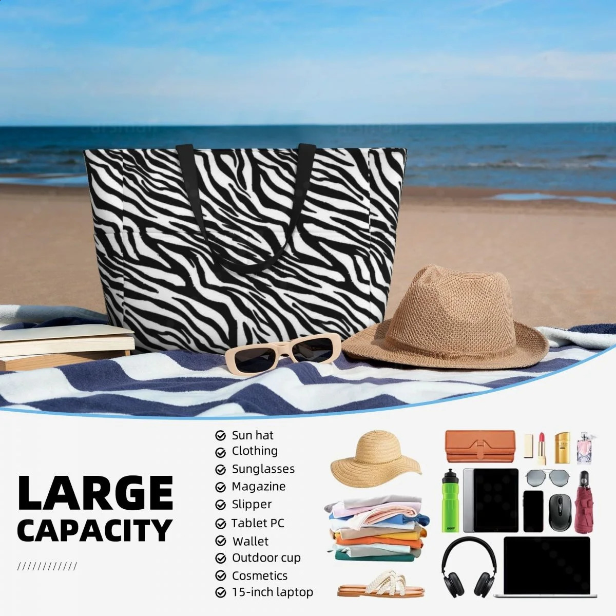 Zebra Stripe Travel Tote Bag Large Sandproof Beach with Zipper and Pockets for Womens Vacation Gym Travel 250528
