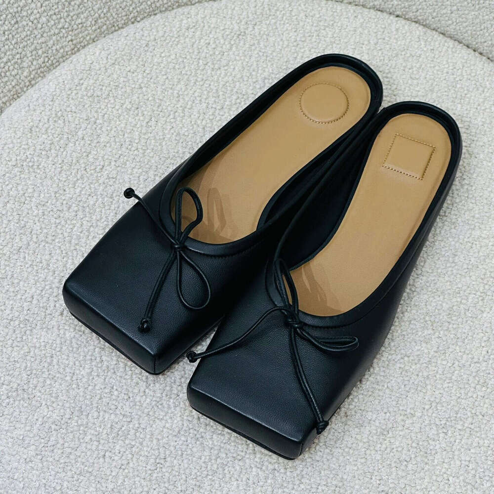 Genuine Leather Niche Design Bowknot Square Toe Flat Mules for Women Outdoor Spring Summer New Sandals Single Shoes