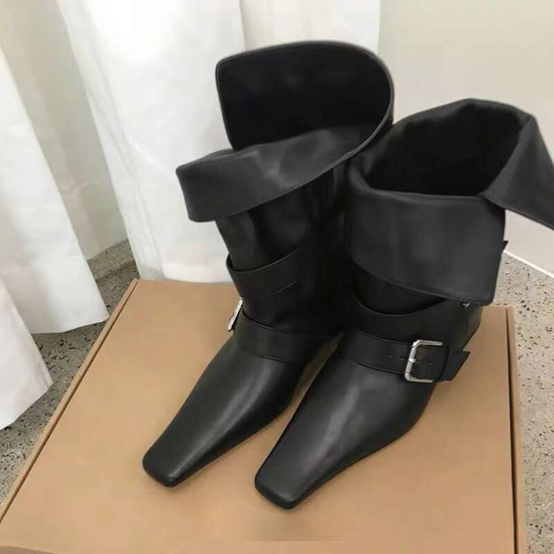 Korean Style Niche Design Turn-down Collar Two-way Small Square Toe Martin for Women 2024 Chunky Heel Chelsea Slim Short Boots