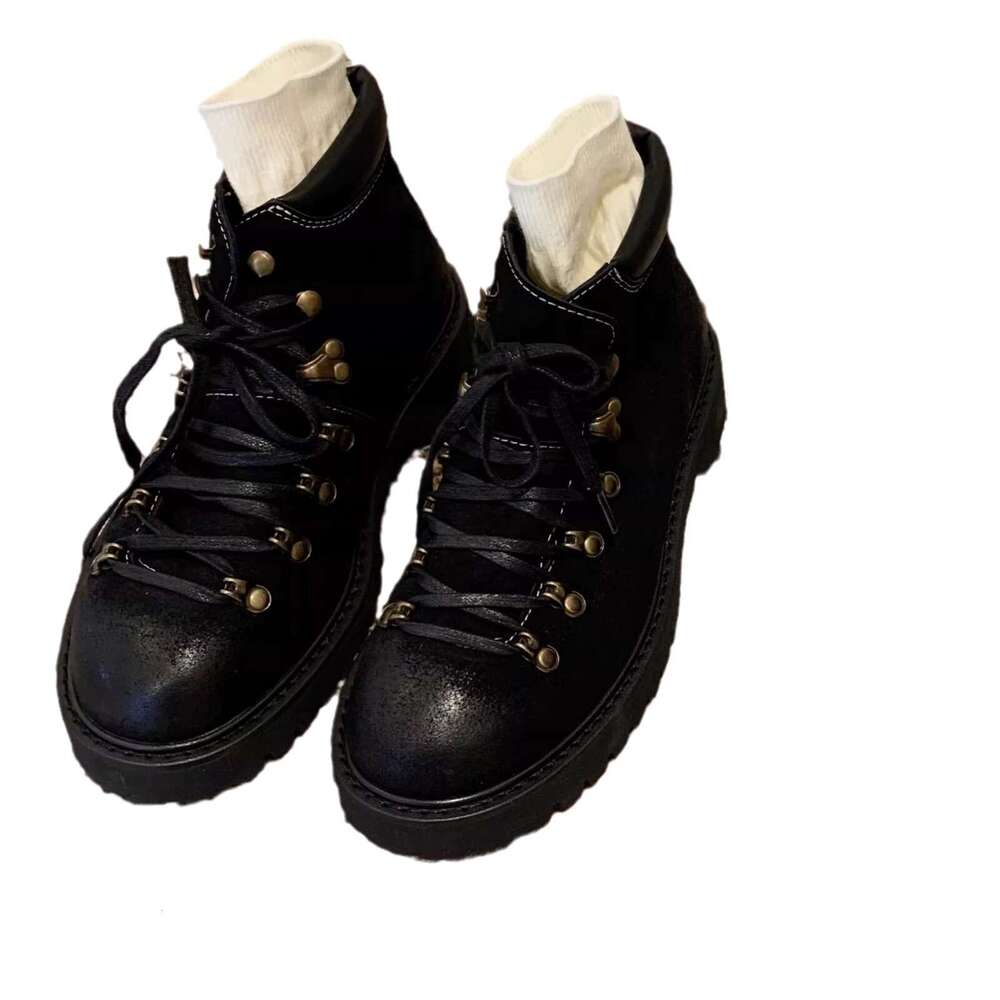 Genuine Leather Suede British Style Round Toe Chunky Heel High Top Martin for Women Thick Sole Versatile Front Lace-up Short Boots