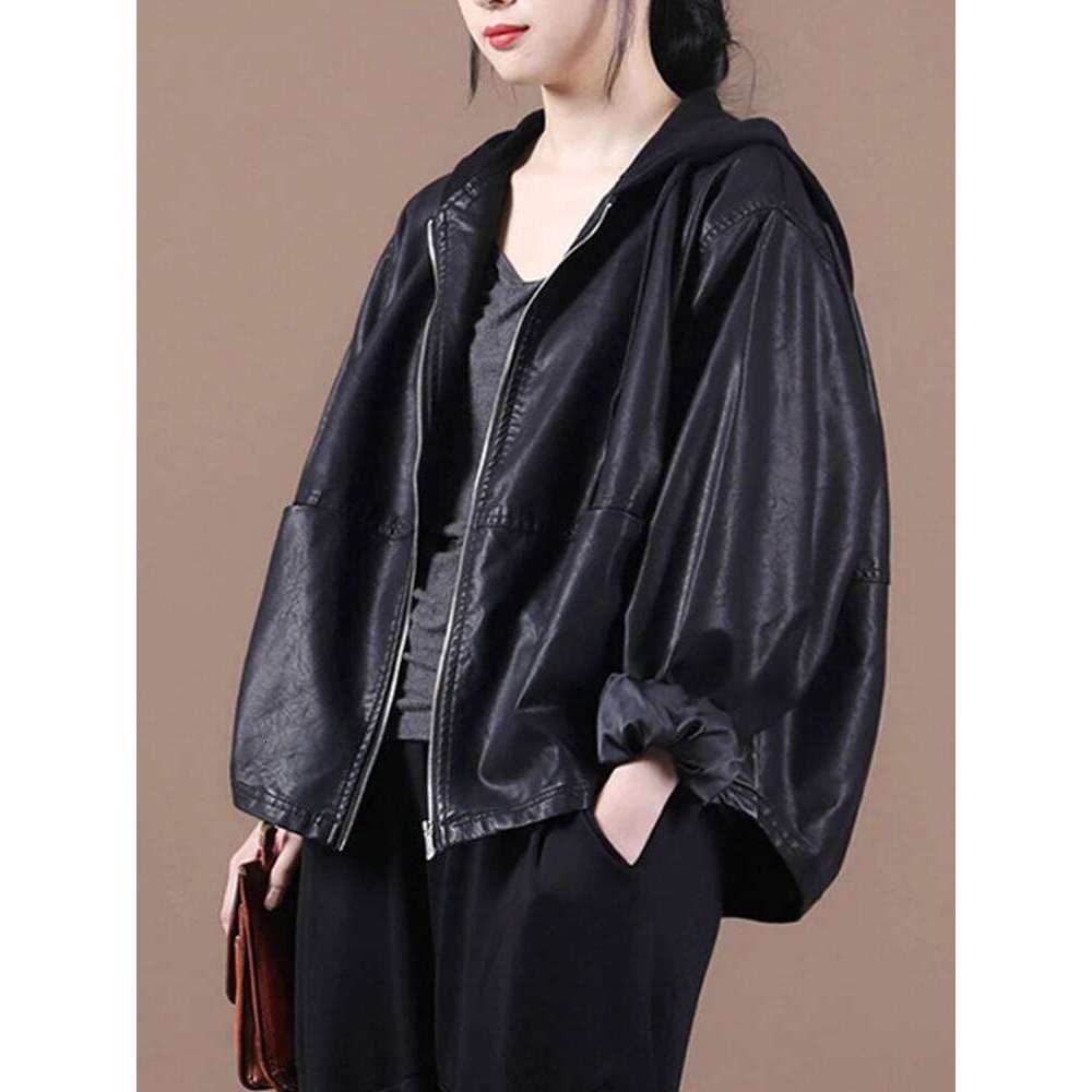Amax luluE Autumn European Womens Black Hooded Faux Leather Jackets Ladies Classic Leisure Pu Biker Coat Loose Vintage Clothing