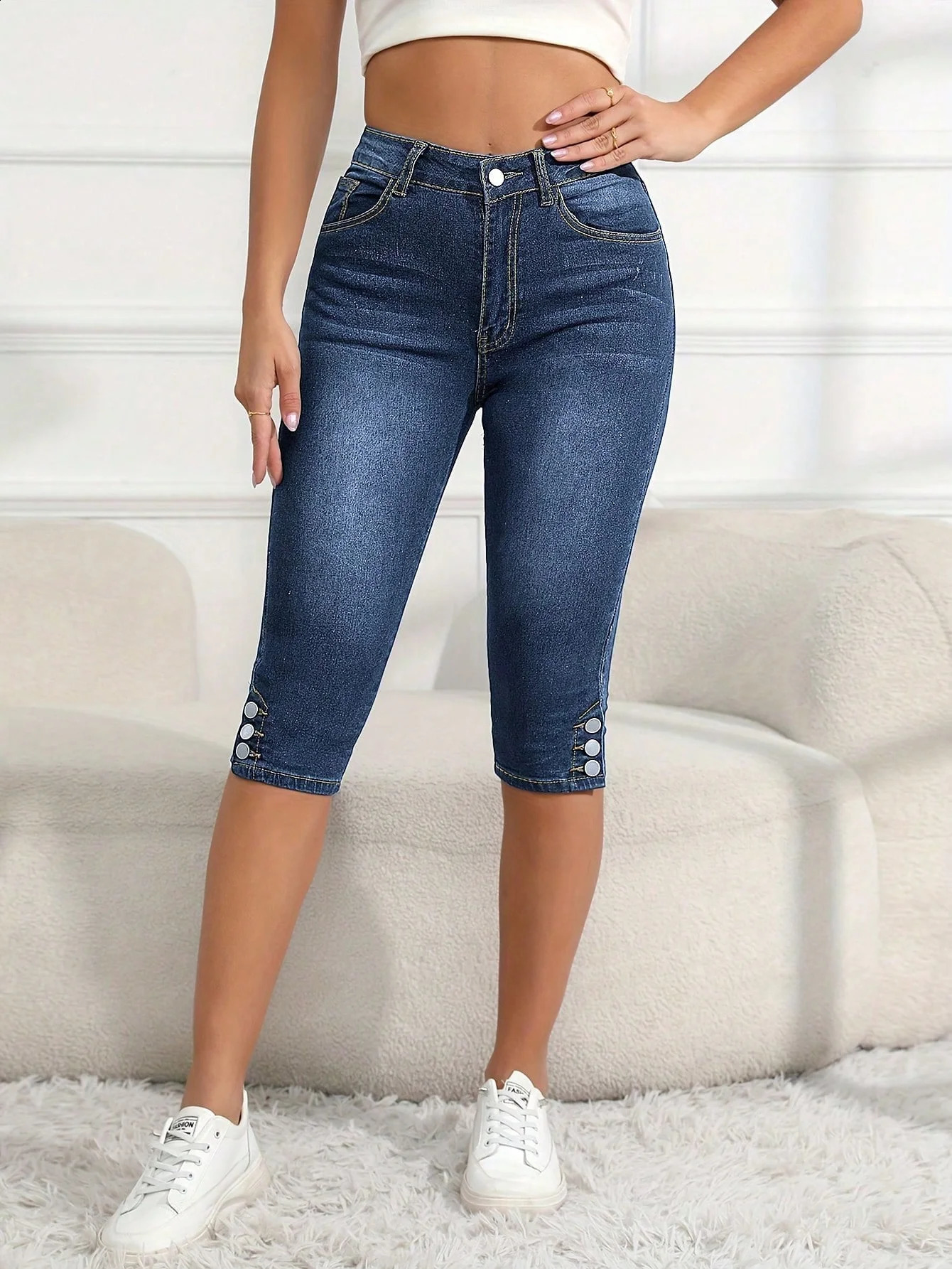 Women SlimFit Denim Jeans Button Pockets Zipper Casual Style Pants Fashionable Deep Blue CalfLength 250516Z