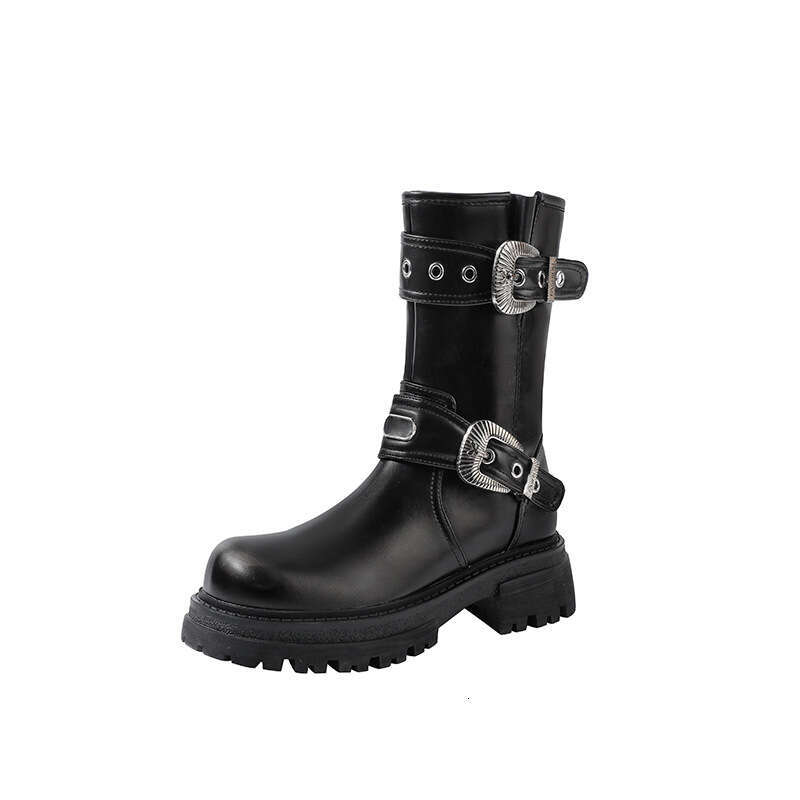 Milad Style Tube Riding Boots, Distressed Martin for Women, Autumn and Winter Thick Sole Chunky Heel Belt Buckle Short Boots