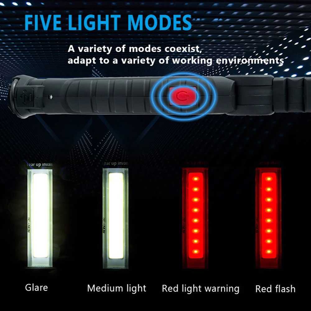 USB Flashlight Rechargeable Torch Tool Gifts for Men LED Work Light with Magnetic Base 5 Modes For Home Outdoor Camping XJ250529