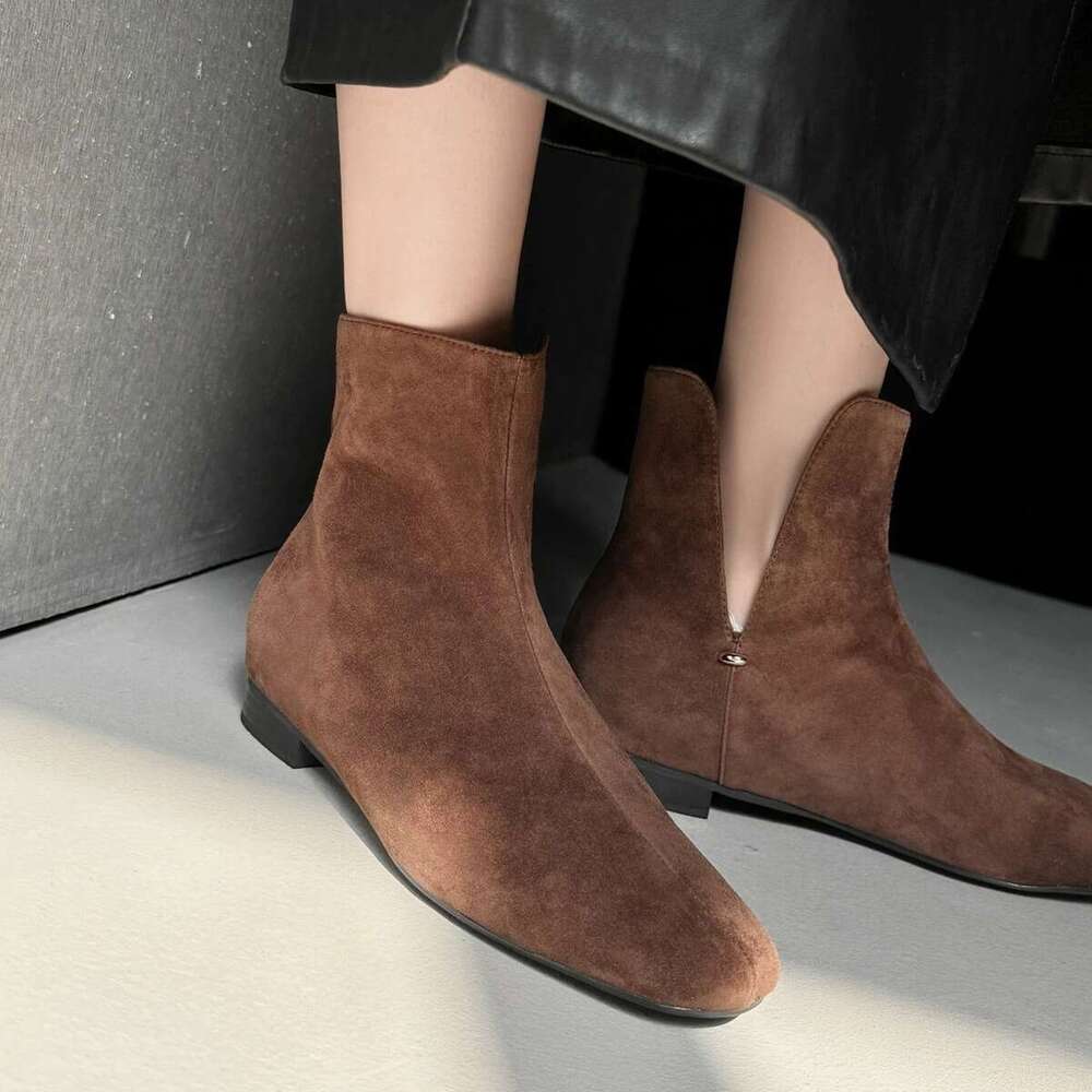 Korean Style Simple Niche Side Opening V-Cut Chelsea Square Toe Flat Slim Short Martin Women's Boots