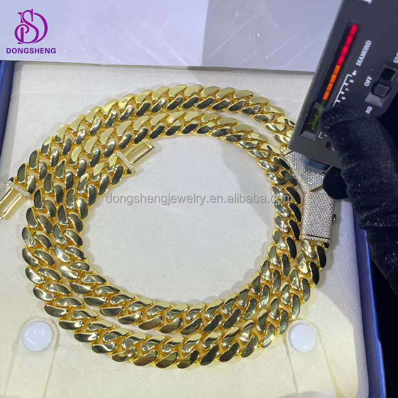 Hip Hop Real Gold Plated 14mm Width Necklace 925 Sterling Silver Fashion Jewelry Miami Vvs Moissanite Plain Cuban Link Bracelet